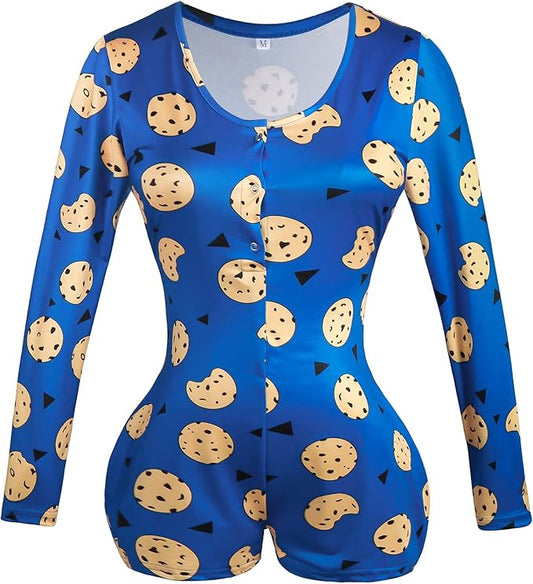 MissShorthair Onesies Women Sexy, Cute Onesie Pajamas for Women Long Sleeve Cookie Monster Large