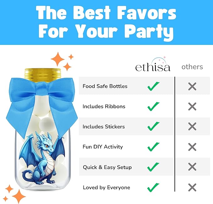 Small 12 Pack Dragon Party Favors - Candy Jars with Ribbons and Stickers - DIY Party Decoration Bottle for Birthday, Baby Shower and School Classroom - Dragon Egg Container for Kids and Teens