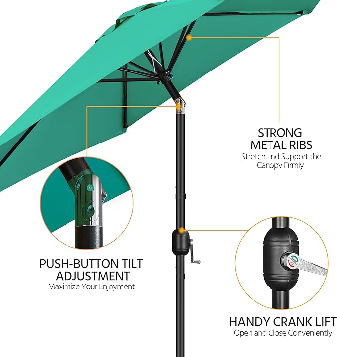Yaheetech Patio Umbrella, 9FT Outdoor Table Market Umbrella with Push Button Tilt and Crank, Yard Sun Shade with Sturdy Ribs for Garden, Deck, Backyard, Pool, Turquoise