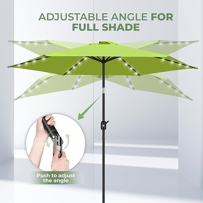 FRUITEAM Solar LED Lighted Patio Umbrella, 24 Lights Outdoor Table Umbrella w/Easy Tilt Adjustment, Straight-pole Umbrella Adjustment and Crank Lift System for Market, Garden, Deck, Pool (Lime Green)