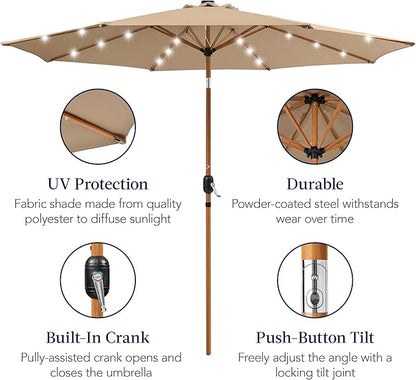 Best Choice Products 10ft Solar Market Patio Umbrella w/Woodgrain Pattern Pole, LED Lights, Tilt & Crank – Outdoor Sun Shade for Backyard Table, Deck, Poolside – Tan