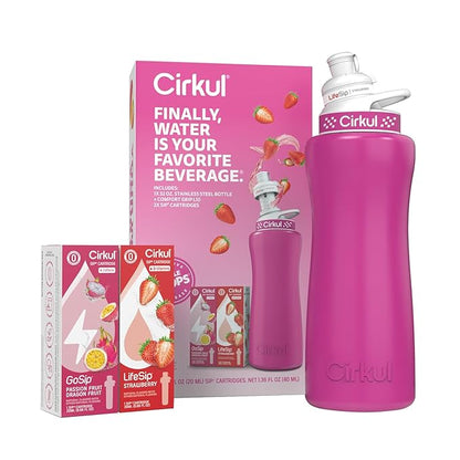 Cirkul 32oz. Hot Pink Stainless Steel Water Bottle Starter Kit with Pink Lid and 2 Flavor Cartridges (1 LifeSip Strawberry, 1 GoSip Passion Fruit Dragon Fruit) Zero Calories and No Sugar