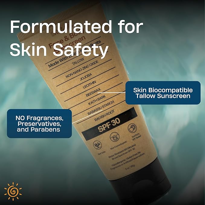 Natural Mineral Sunscreen SPF 30 3 oz: Natural Tallow & Zinc Oxide, Reef Safe, Water Resistant, Fragrance-Free, Non-Greasy Formula for Face and Body