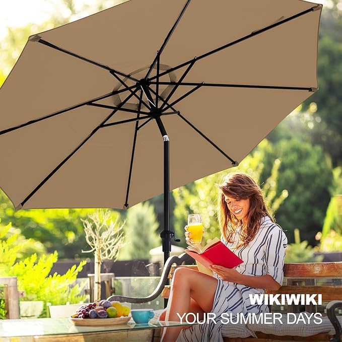 wikiwiki 11 FT Patio Umbrellas Outdoor Table Market Umbrella with Push Button Tilt/Crank, 8 Sturdy Ribs, Fade Resistant Waterproof POLYESTER DTY Canopy for Garden, Lawn, Deck, Backyard & Pool, Tan