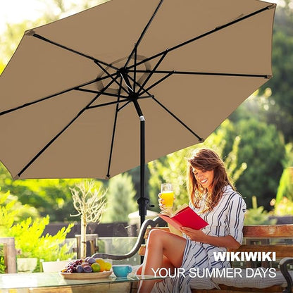 wikiwiki 11 FT Patio Umbrellas Outdoor Table Market Umbrella with Push Button Tilt/Crank, 8 Sturdy Ribs, Fade Resistant Waterproof POLYESTER DTY Canopy for Garden, Lawn, Deck, Backyard & Pool, Tan