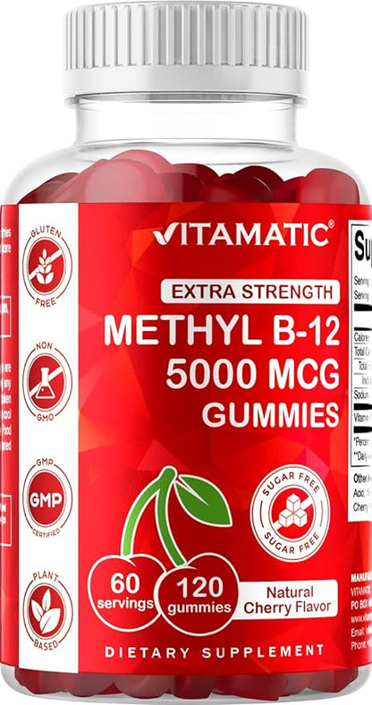Vitamatic 2 Packs Extra Strength Vitamin B12 5000 mcg (Methyl B12) Gummies - 120 Count - Energy Metabolism Support and Nervous System Health Support, Natural Cherry Flavored