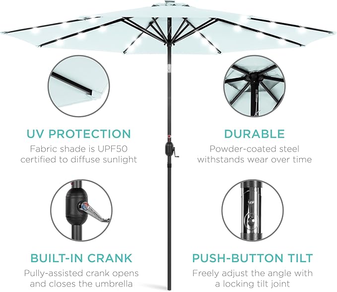 Best Choice Products 10ft Solar Polyester LED Lighted Patio Umbrella w/Tilt Adjustment and UV-Resistant Fabric - Baby Blue