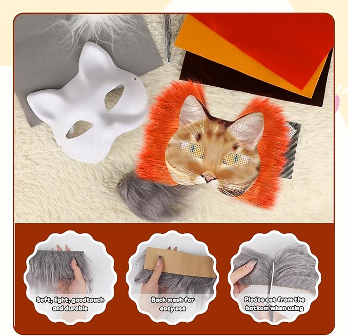 Cat Mask with Eye Mesh Fur Beard and Felt Fabric Sheet,98 PCS DIY Animal Mask Kit Cat Masks to Paint Blank Animal Dress Up Masks,DIY Face Mask Costume for Masquerade,Halloween Party,Cosplay