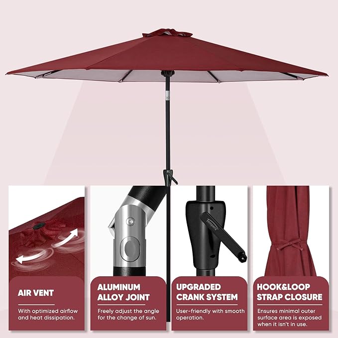 Tempera Patio Market Outdoor Table Umbrella with Push Button Tilt and Crank,Large Sun Umbrella with Sturdy Pole&Fade resistant canopy,Easy to set