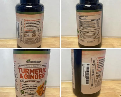 Nature's Base Turmeric Curcumin Supplement - with Ginger, Apple Cider Vinegar, & BioPerine Black Pepper Extract - 95% Curcuminoids - 60 Capsules
