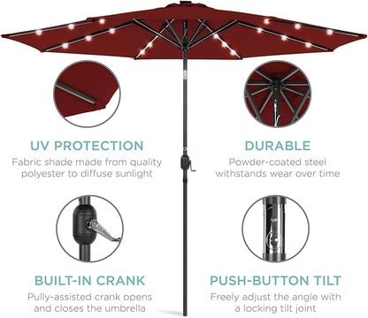 Best Choice Products 10ft Solar Polyester LED Lighted Patio Umbrella w/Tilt Adjustment and UV-Resistant Fabric - Red