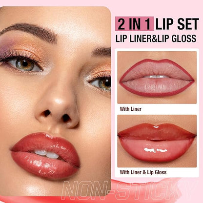 Jolilab Matte Lip Liner Lip Oil Set, Lip Makeup Set Natural Smooth Long-Lasting And Hydrating Beauty Daily Cosmetics Gift for Girls Easy-to-Use（8pcs）