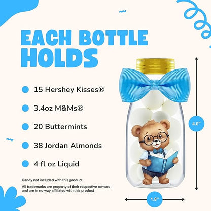 Small 12 Pack We Can Bearly Wait Party Favors for Boy - Candy Jars with Bowties and Stickers - DIY Party Decoration Bottles for Baby Shower and Gender Reveal - Blue Teddy Bear Table Centerpiece