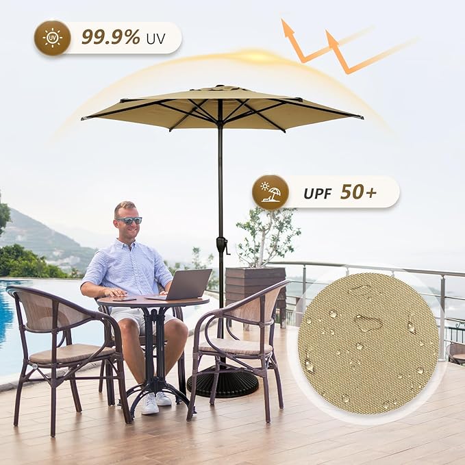 Abba Patio 7.5FT Lyon Outdoor Patio Umbrella Outdoor Table Umbrella with Push Button Tilt and Crank Market Umbrella 6 Sturdy Ribs UV Protection Waterproof for Garden Deck Backyard Pool Tan