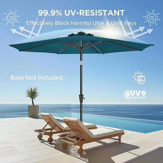 9ft Outdoor Patio Umbrella - Market Table Pool Deck Umbrella UPF50+ UV Protection with Push Button Tilt, Crank and 8 Sturdy Ribs (Peacock Blue, No base)