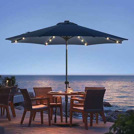 wikiwiki 9ft Solar Led Patio Umbrella, Sturdy Outdoor Market Umbrella for Deck, Pool, Garden w/Tilt, Crank, 32 LED Lights, Navy Blue