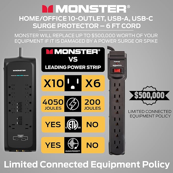 Monster Black Heavy Duty Surge Protector Power Strip 6 ft Cord with 10 120V-Outlet Extension, 2 Ethernet Switch Ports, 4050J Rating, 1 USB-A, and 1 USB-C Charging Ports – Ideal for Computers & Offices