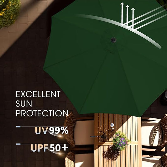 wikiwiki 9 FT Patio Umbrellas Outdoor Table Market Umbrella with Push Button Tilt/Crank, 8 Sturdy Ribs, Fade Resistant Waterproof POLYESTER DTY Canopy for Garden, Lawn, Backyard & Pool, Dark Green