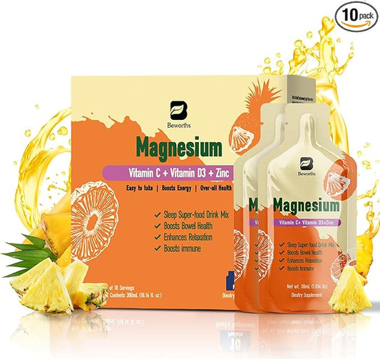 Magnesium Citrate Liquid Supplement, with Bromelain, Vitamin C, D3, B6, Zinc, High Absorption Magnesium Citrate Oral Solution, Magnesium for Constipation, Zzz & Energy, Pineapple, 10 Fl Oz