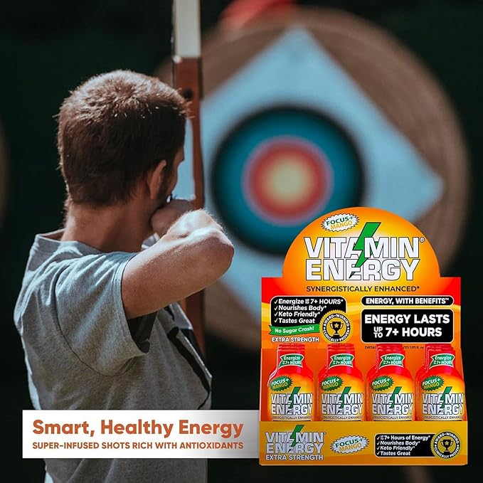 Vitamin Energy Focus+ Extra Strength Daily Energy Shot – Mango – 260mg Natural Caffeine, 100% DV B-Vitamins – Focus & Productivity Support – Zero Sugar, Vegan, Kosher – 1.93 fl oz, 12-Pack