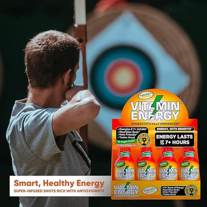 Vitamin Energy Focus+ Extra Strength Daily Energy Shot – Mango – 260mg Natural Caffeine, 100% DV B-Vitamins – Focus & Productivity Support – Zero Sugar, Vegan, Kosher – 1.93 fl oz, 12-Pack