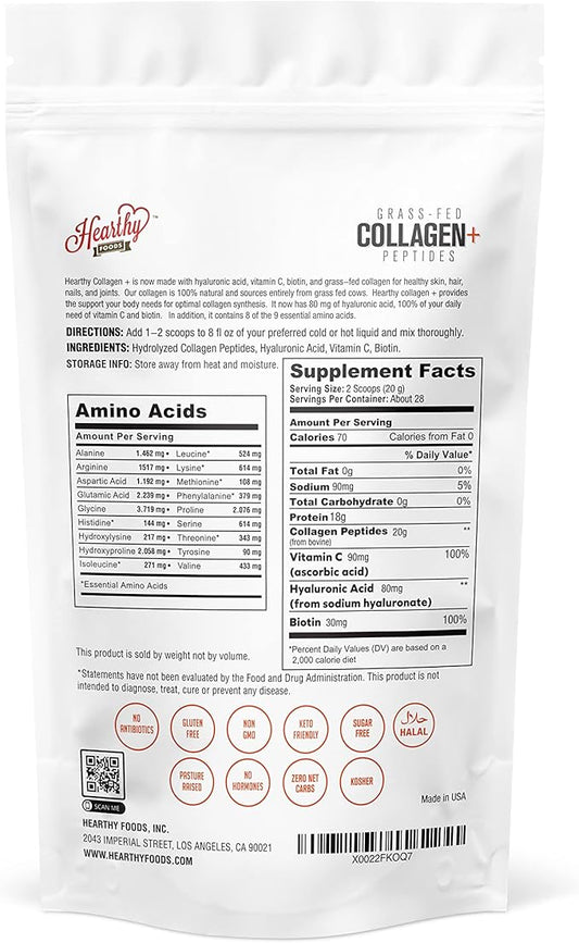 Collagen+ Powder - 18g Protein - Hydrolyzed Collagen + Biotin + Hyaluronic Acid & Vitamin C | Gluten Free No Sugar Non GMO 16 Oz