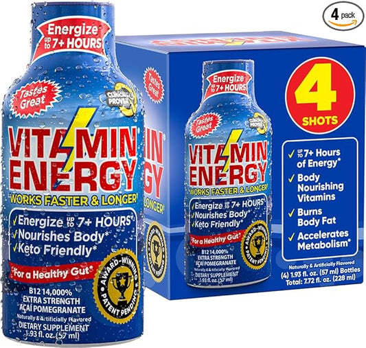 Vitamin Energy B12 Energy Drink Shots, Acai Pomegranate Flavor, Up to 7+ Hours of Energy, 1.93 Fl Oz, 4 Count