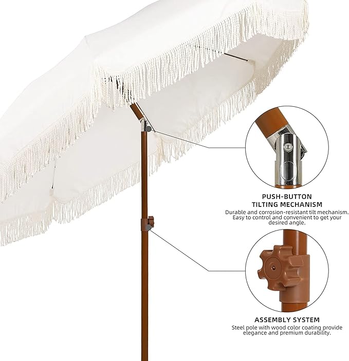 AMMSUN 7ft Patio Umbrella with Fringe Outdoor Tassel Umbrella UPF50+ Premium Steel Pole and Ribs Push Button Tilt, White Cream