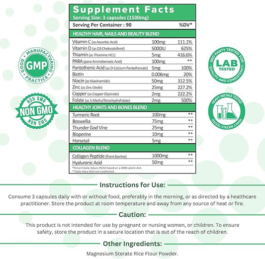 XpandAge's Bovine Collagen Peptides contain Biotin, Niacin, Vitamin C, Vitamin D, Thiamin, Paba, Hyaluronic acid, Turmeric, Bioperine, and more for healthy Hair, Nails, Beauty, Joint, and Bone health.