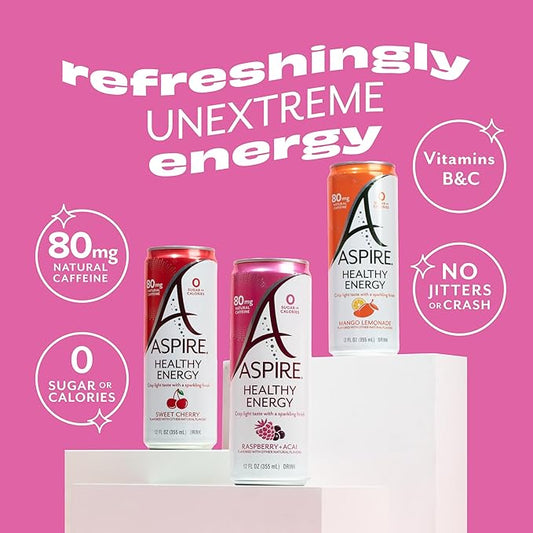 ASPIRE® Classics Variety Pack Healthy Energy Drinks Variety 12 Pack - Sugar Free, Natural Caffeine Low Caffeine Sparkling Drink - Keto Friendly - Refreshing Sparkling Boost