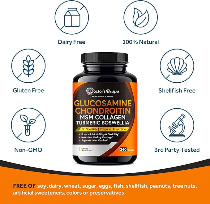 Doctor's Recipes Glucosamine Chondroitin MSM Turmeric Quercetin, Joint Support Supplement for Men & Women, with Black Pepper for High Absorption, Complete Joint Care, No Shellfish, 240 Tablets