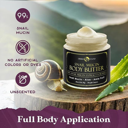 PURPLE CANYON 99% Snail Mucin Body Butter 8oz | Reduce Blemishes, Dark Spots, and Wrinkles for Radiant Skin | Skin Care Snail Cream Moisturizer Dry Skin Repair