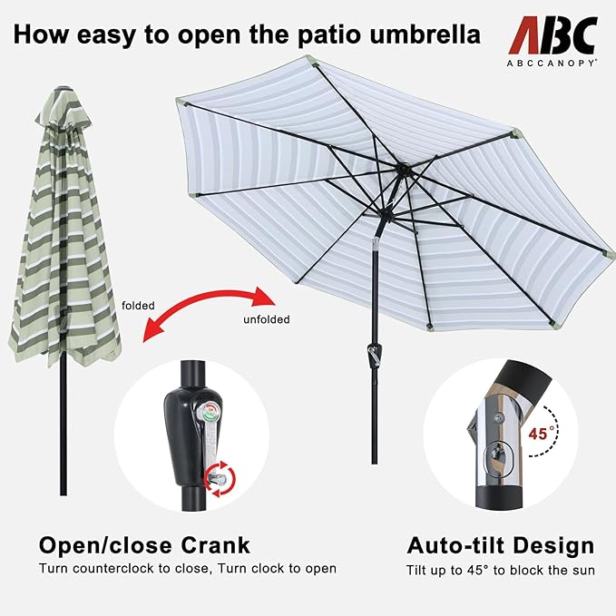ABCCANOPY 9FT Patio Umbrella - Outdoor Waterproof Table Umbrella with Push Button Tilt and Crank, 8 Ribs UV Protection Pool Umbrella for Garden, Lawn, Deck & Backyard (Green Stripes)