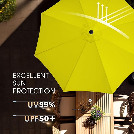 wikiwiki 9 FT Patio Umbrellas Outdoor Table Market Umbrella with Push Button Tilt/Crank, 8 Sturdy Ribs, Fade Resistant Waterproof POLYESTER DTY Canopy for Garden, Lawn, Deck, Backyard & Pool, Yellow