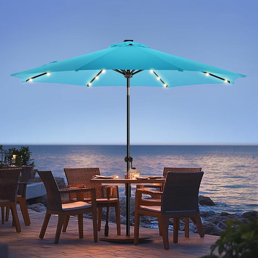 wikiwiki 9ft Solar Led Patio Umbrella, Sturdy Outdoor Market Umbrella for Deck, Pool, Garden w/Tilt, Crank, 32 LED Lights, Sky Blue