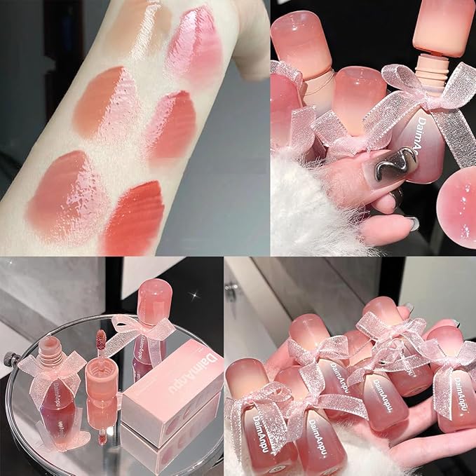 6Pcs Hydrating Jelly Lip Gloss Set,Moisturizing & Plumping Water Lip Stain Mirror Liquid Lipsticks,Waterproof Long Lasting Clear Oxygen Tinted Lip Blam Cute Lip Glaze