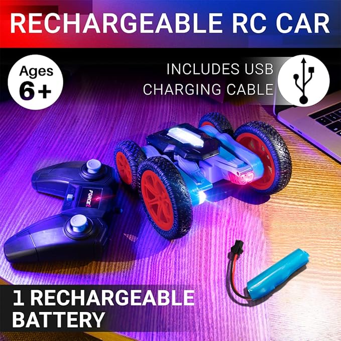 Force1 Tornado Red LED Remote Control Car for Kids- Double Sided Driving Fast RC Cars 360 Flips, Outdoor 4WD Off Road Stunt RC Car, All Terrain Tires, RC Crawler Rechargeable Battery, 2.4GHz Remote