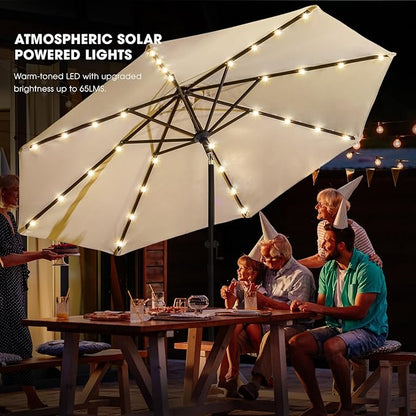 wikiwiki 10ft Solar Led Patio Umbrella, Sturdy Outdoor Market Umbrella for Deck, Pool, Garden w/Tilt, Crank, 32 LED Lights, Beige