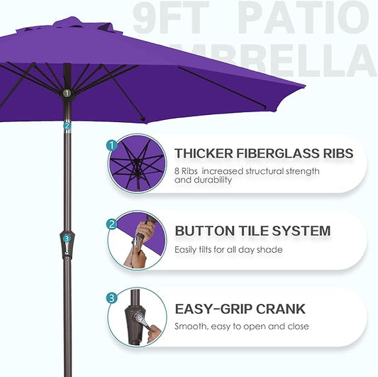 PatioKingdom 9FT Patio Outdoor Umbrella-UPF 50+ Sun Shade with Wind Vent, Push-Button Tilt & Smooth Crank Lift, Rust-Resistant Fiberglass Frame for Garden, Backyard,Yard