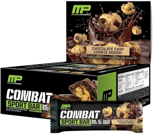 MusclePharm Combat Sport Bar, Chocolate Chip Cookie Dough, High Protein Bars, Combat Cravings, Fuel Performance & Meet Energy Demands, 20g Protein from Whey Protein, 5g Fiber, Gluten Free, 12 Bars