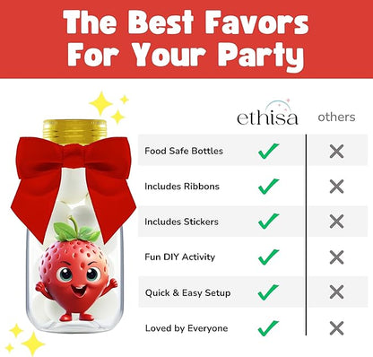 Small 12 Pack Strawberry Party Favors - DIY Candy Jars with Ribbons and Sticker - Party Decoration Bottles for Berry First Birthday, School Classroom, and Baby Shower - Kids Table Centerpiece Gifts