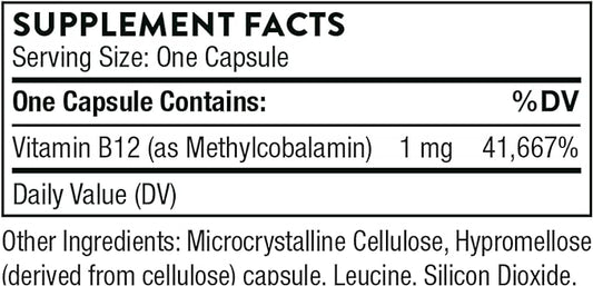THORNE Vitamin B12 - as Methylcobalamin - Supports Heart & Nerve Health, Blood Cell Function, Healthy Sleep & Methylation* - Gluten, Dairy & Soy-Free - 60 Capsules