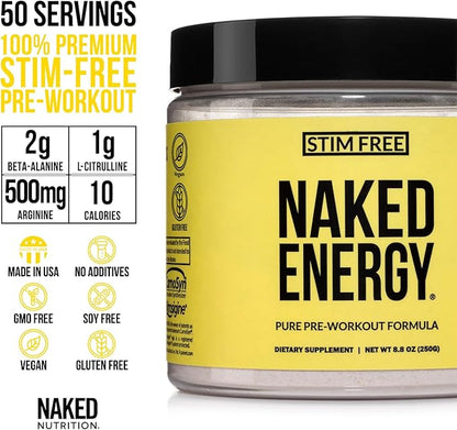 Naked Energy - Stim Free Pre Workout Caffeine Free, for Men and Women, Vegan Friendly, No Artificial Sweeteners, Colors Or Flavors - 50 Servings