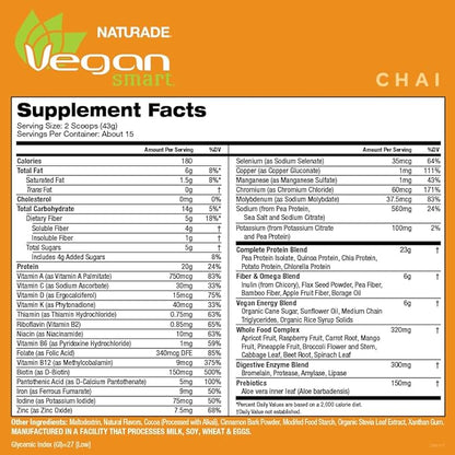 Vegansmart Naturade Plant Based Vegan Protein Powder - All-in-One Nutritional Shake Protein Blend - Gluten Free & Non-GMO - Chai (15 Servings)
