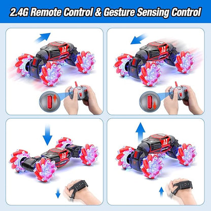 Powerextra Remote Control Car, 4WD 2.4GHz Gesture Sensing Rc Stunt Car, Double Sided 360°Rotating Off Road Car with LED Light & Music, Toy Cars for 6-12 Year Old Boys & Girls - Red