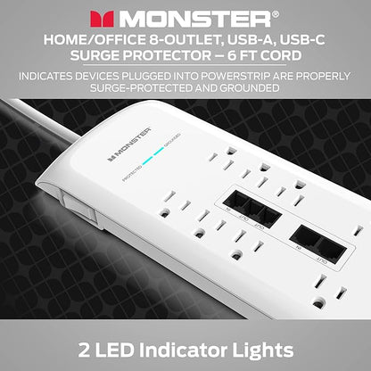 Monster White Heavy Duty Surge Protector Power Strip 6 ft Cord with 8 120V-Outlet Extension, 2 Ethernet Switch Ports, 4050J Rating, 1 USB-A, and 1 USB-C Charging Ports – Ideal for Computers & Offices