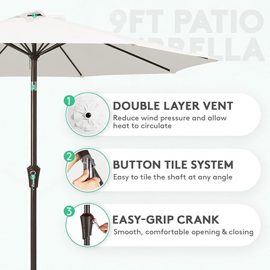 JEAREY 9FT Outdoor Patio Umbrella Outdoor Table Umbrella with Push Button Tilt and Crank, Market Umbrella 8 Sturdy Ribs UV Protection Waterproof for Garden, Deck, Backyard, Pool (Creamy-white)