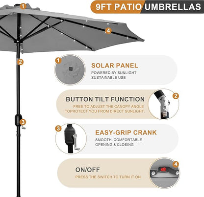 9FT LED Patio Umbrella, Solar Outdoor Umbrellas with LED Lights, Deck Umbrella with Push Button Tilt and Crank, UV Protection Waterproof for Pool, Porch, Garden, Deck, Backyard. (Gay)