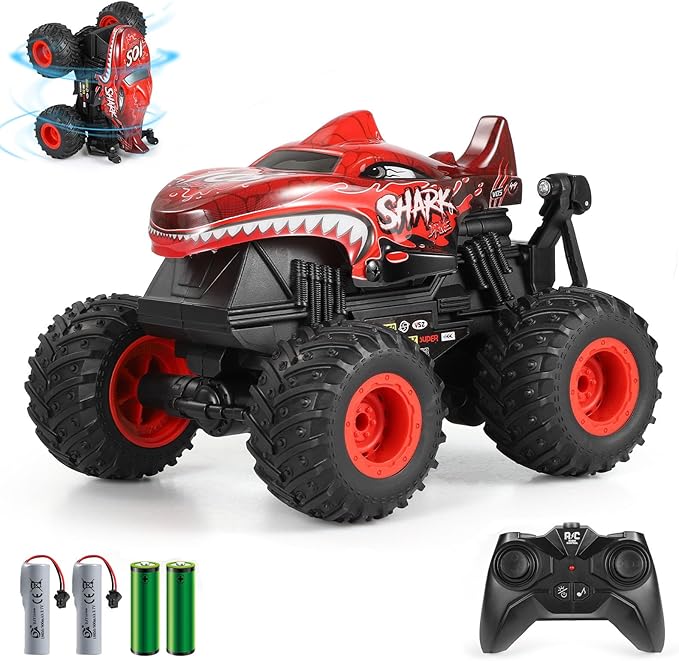DYODYORC Remote Control Car, 2.4Ghz All Terrain Shark Monster Truck Toys, RC Truck with Music, 3 Lighting Effects, 360 Stunt Capable, All Included Ready to Run, Toy Gifts for Boys and Girls (Red)