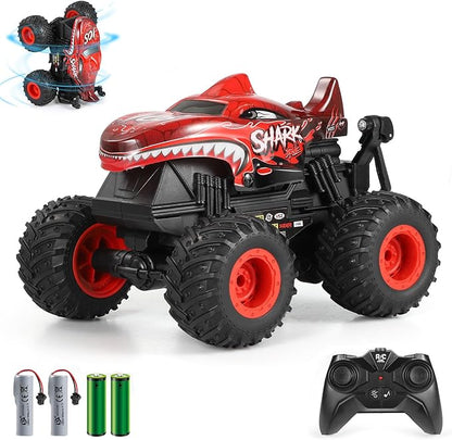 DYODYORC Remote Control Car, 2.4Ghz All Terrain Shark Monster Truck Toys, RC Truck with Music, 3 Lighting Effects, 360 Stunt Capable, All Included Ready to Run, Toy Gifts for Boys and Girls (Red)